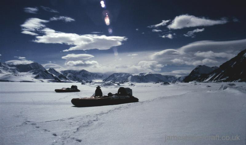 Tiger 4 hovercraft as used in the 70s by the British Antarctic Survey - On the ice sheets, two Tiger 4 craft doing what hovercraft do best (credit: Malcolm Hole).